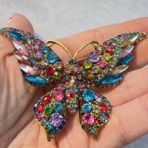 Butterfly Brooch Multicolor Rhinestone Statement Costume Pin – 3.5” Wide